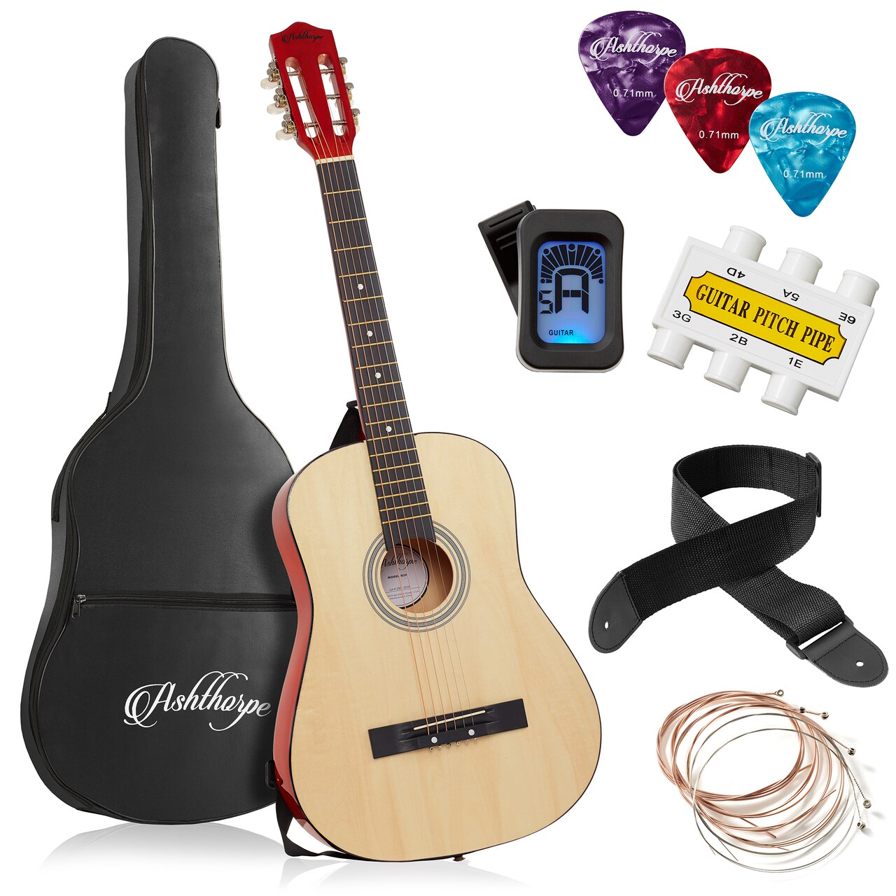 Ashthorpe Beginner Acoustic Guitar Package, Basic Starter Kit w/ Gig Bag, Strings, Strap, Tuner, Picks